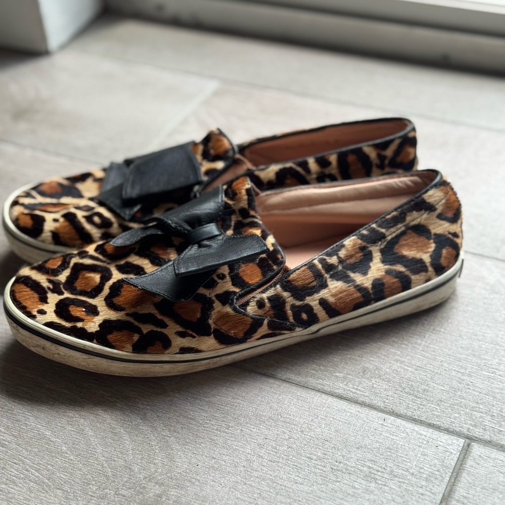 Kate Spade Delise Leopard Print Calf Hair Black Bow Slip-On Shoes Size 9.5